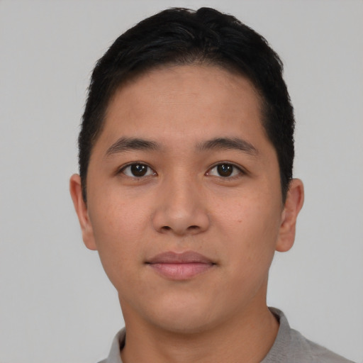 Neutral asian young-adult male with short  brown hair and brown eyes