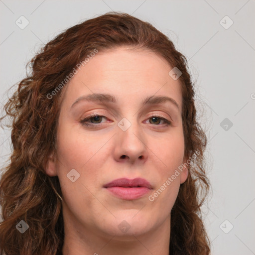 Joyful white young-adult female with long  brown hair and green eyes