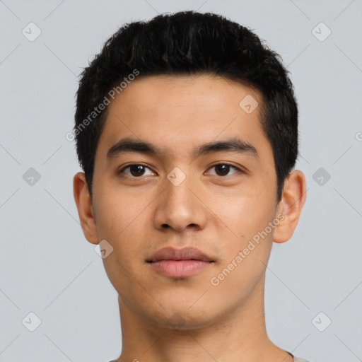 Neutral asian young-adult male with short  black hair and brown eyes