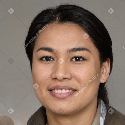 Joyful asian young-adult female with medium  brown hair and brown eyes