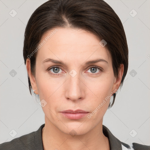 Neutral white young-adult female with short  brown hair and brown eyes