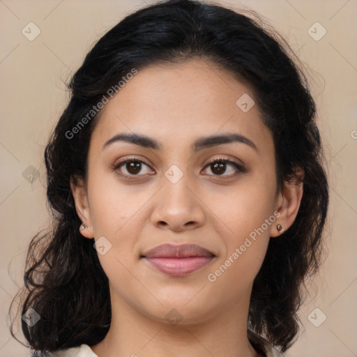 Joyful latino young-adult female with long  brown hair and brown eyes