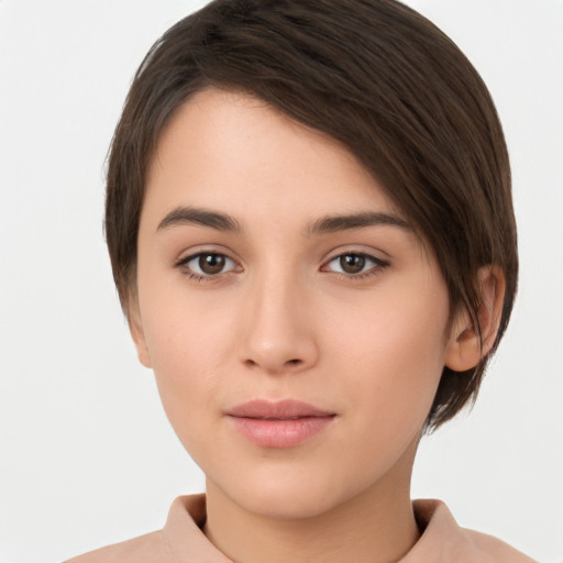 Neutral white young-adult female with short  brown hair and brown eyes