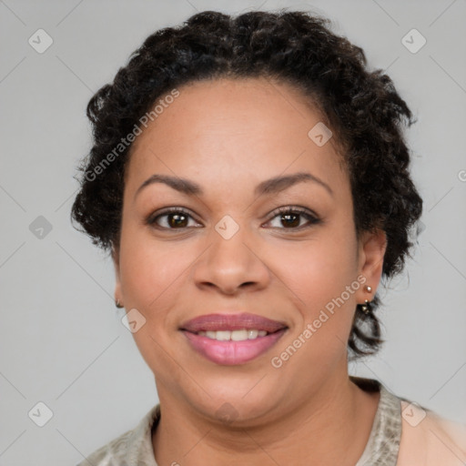 Joyful latino young-adult female with short  brown hair and brown eyes