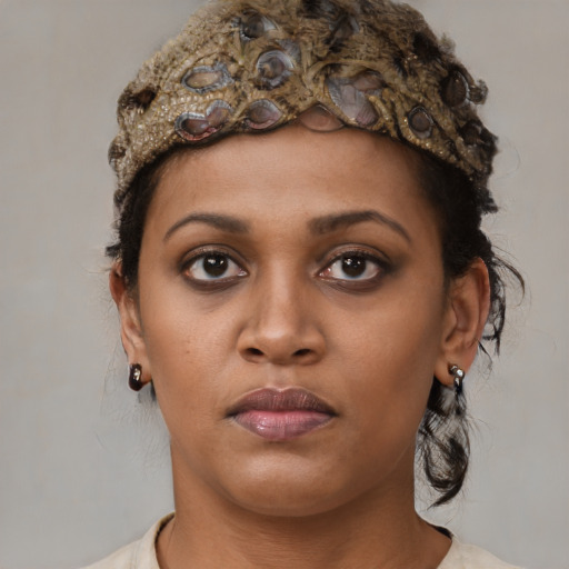 Neutral black young-adult female with medium  brown hair and brown eyes