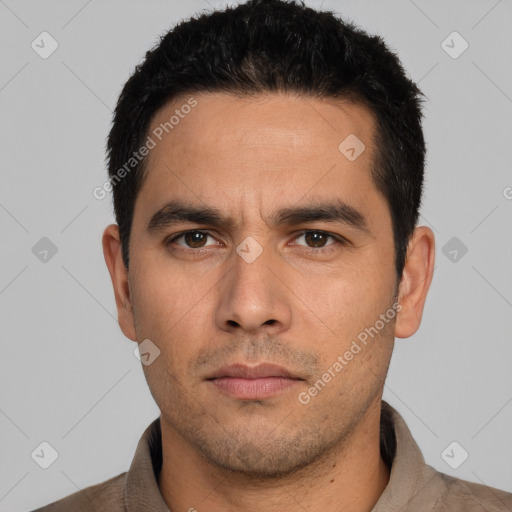 Neutral white young-adult male with short  black hair and brown eyes
