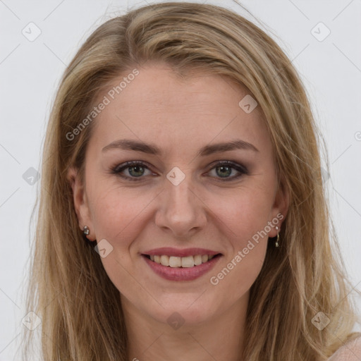 Joyful white young-adult female with long  brown hair and green eyes