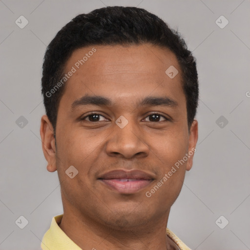 Joyful latino young-adult male with short  brown hair and brown eyes