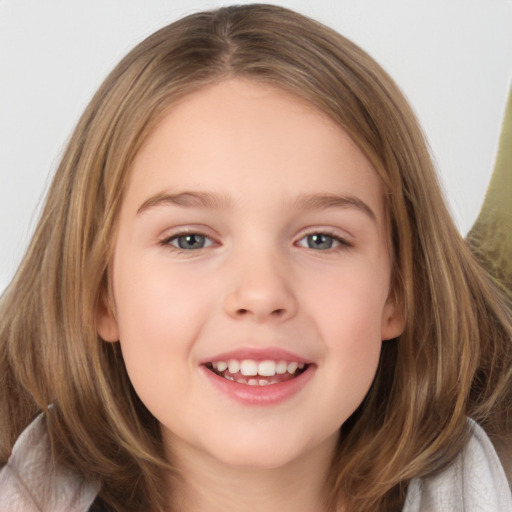 Joyful white child female with medium  brown hair and brown eyes