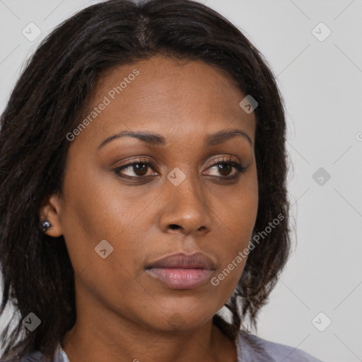 Neutral asian young-adult female with medium  brown hair and brown eyes