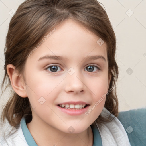 Joyful white child female with medium  brown hair and brown eyes