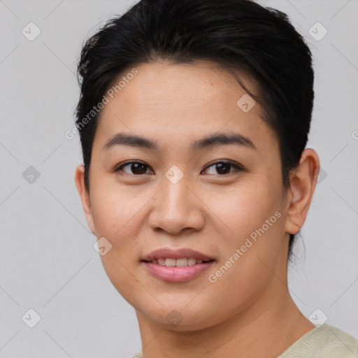 Joyful asian young-adult female with short  brown hair and brown eyes