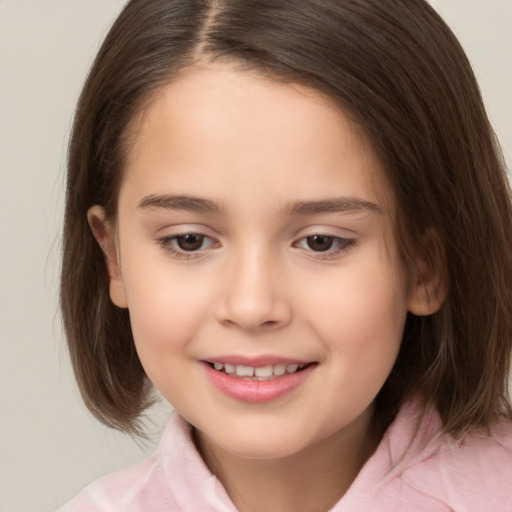 Joyful white child female with medium  brown hair and brown eyes