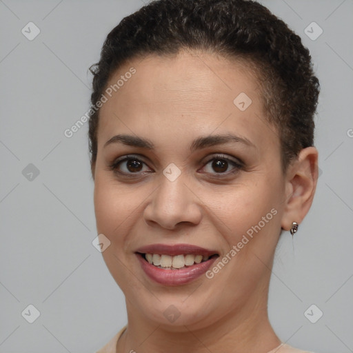 Joyful white young-adult female with short  brown hair and brown eyes