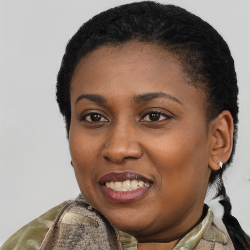 Joyful black young-adult female with short  black hair and brown eyes