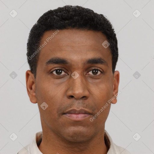 Neutral latino young-adult male with short  black hair and brown eyes