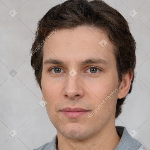 Neutral white young-adult male with short  brown hair and grey eyes