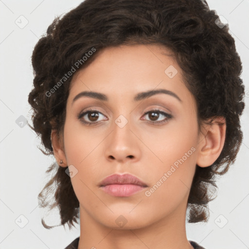 Neutral latino young-adult female with medium  brown hair and brown eyes