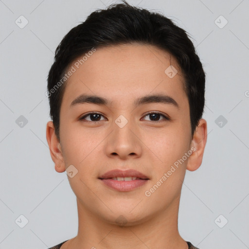 Neutral asian young-adult male with short  brown hair and brown eyes