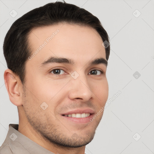 Joyful white young-adult male with short  brown hair and brown eyes