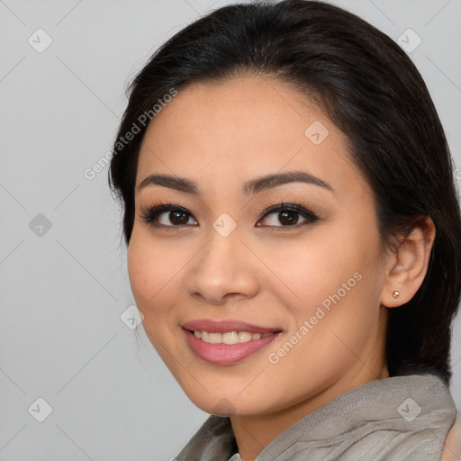 Joyful white young-adult female with medium  brown hair and brown eyes