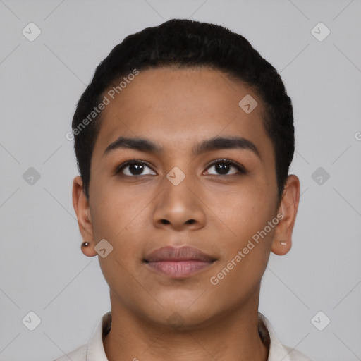 Neutral latino young-adult male with short  black hair and brown eyes