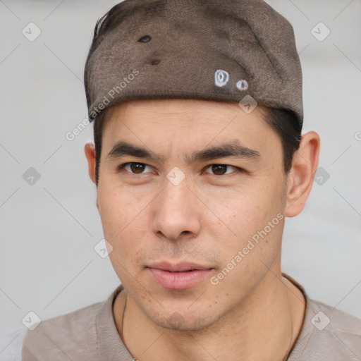 Neutral asian young-adult male with short  brown hair and brown eyes