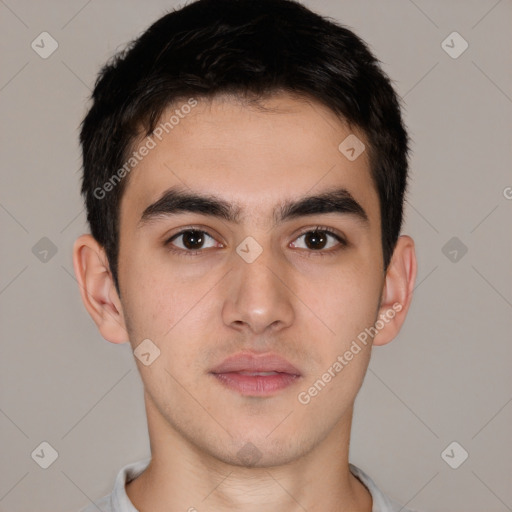 Neutral white young-adult male with short  brown hair and brown eyes