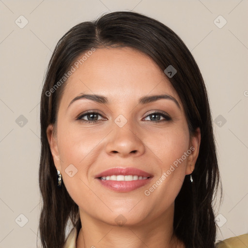 Joyful white young-adult female with long  brown hair and brown eyes