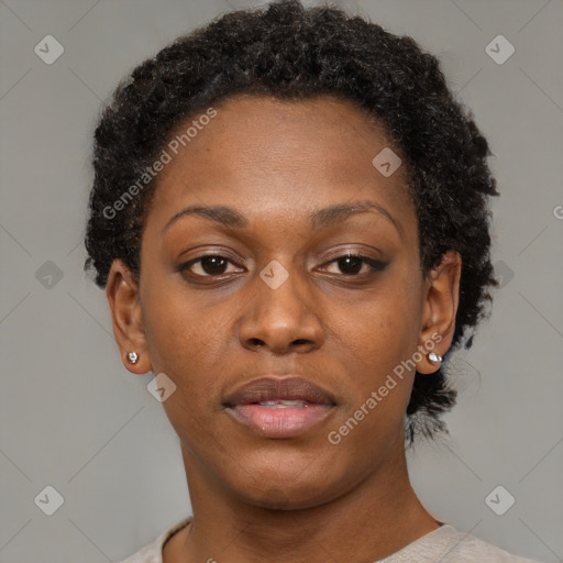 Neutral black young-adult female with short  brown hair and brown eyes