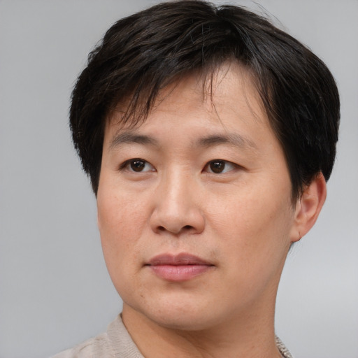 Joyful asian adult male with short  brown hair and brown eyes