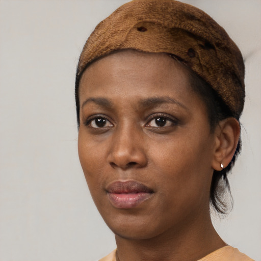 Neutral black young-adult female with short  brown hair and brown eyes