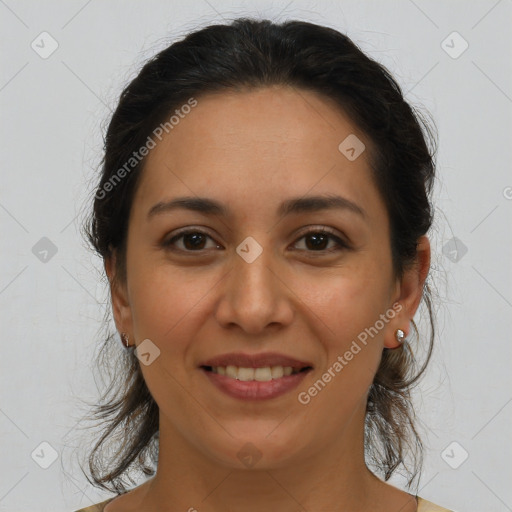 Joyful latino young-adult female with medium  brown hair and brown eyes