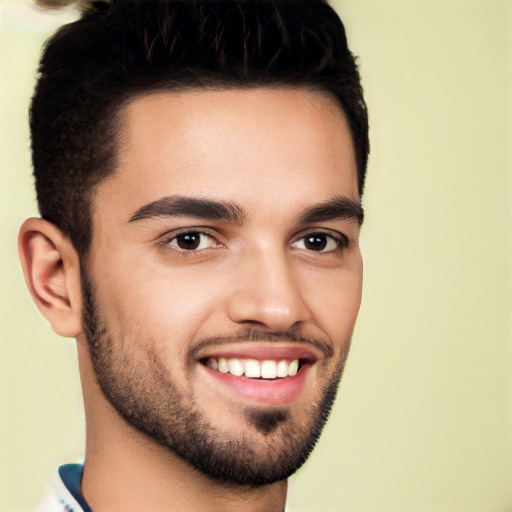 Joyful white young-adult male with short  black hair and brown eyes