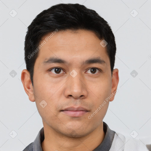 Neutral asian young-adult male with short  black hair and brown eyes