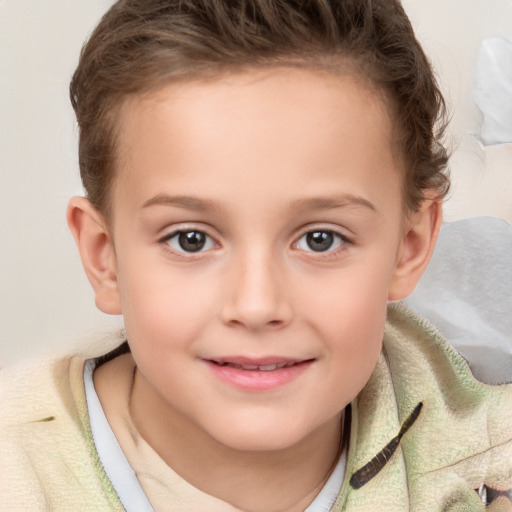 Joyful white child female with short  brown hair and brown eyes