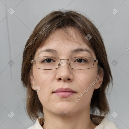 Neutral white young-adult female with medium  brown hair and brown eyes