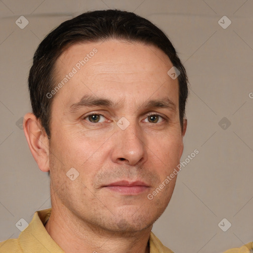 Neutral white adult male with short  brown hair and brown eyes