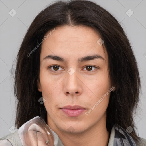 Neutral white young-adult female with medium  brown hair and brown eyes