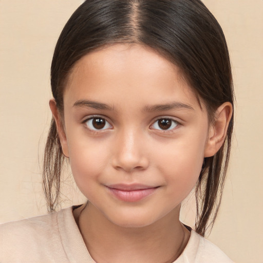 Joyful white child female with medium  brown hair and brown eyes