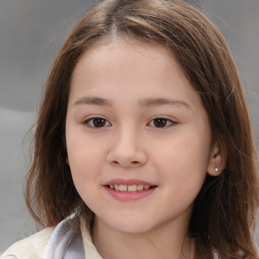 Joyful white child female with medium  brown hair and brown eyes