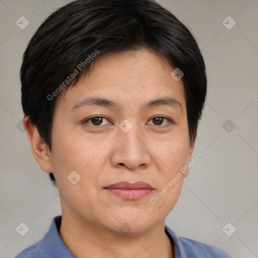 Joyful white adult female with short  brown hair and brown eyes