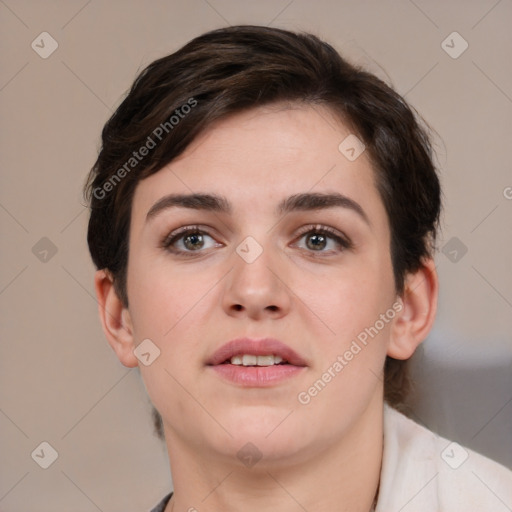 Neutral white young-adult female with medium  brown hair and brown eyes