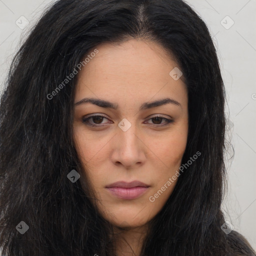 Neutral latino young-adult female with long  brown hair and brown eyes