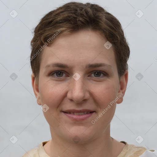 Joyful white young-adult female with short  brown hair and grey eyes