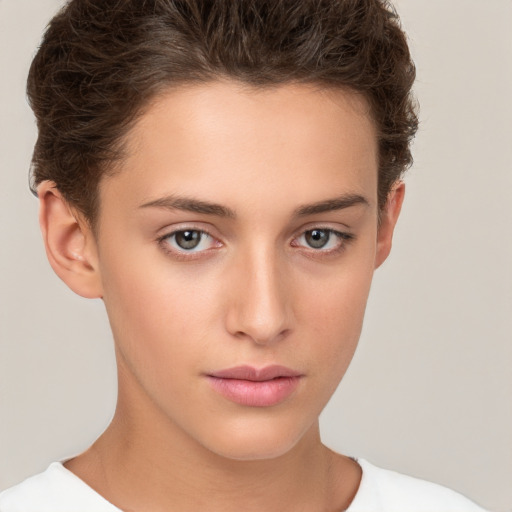 Neutral white young-adult female with short  brown hair and brown eyes