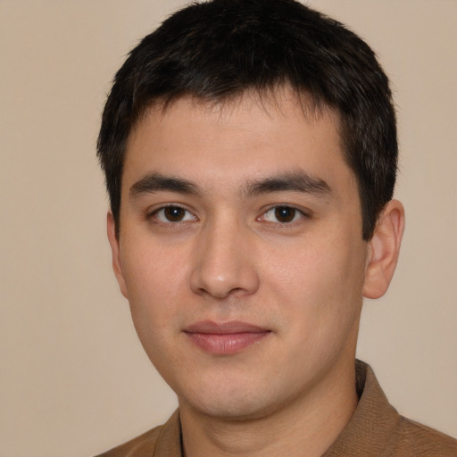 Neutral white young-adult male with short  black hair and brown eyes