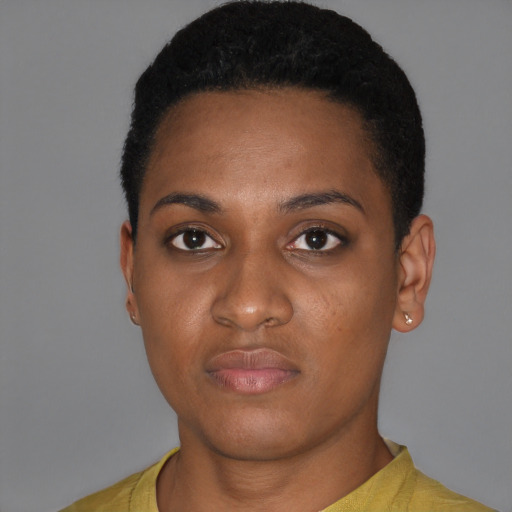Neutral black young-adult female with short  black hair and brown eyes
