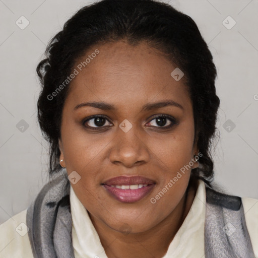 Joyful black young-adult female with medium  brown hair and brown eyes