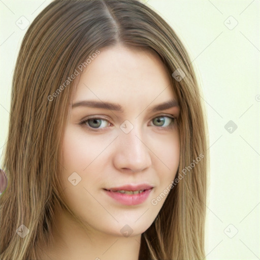 Joyful white young-adult female with long  brown hair and green eyes